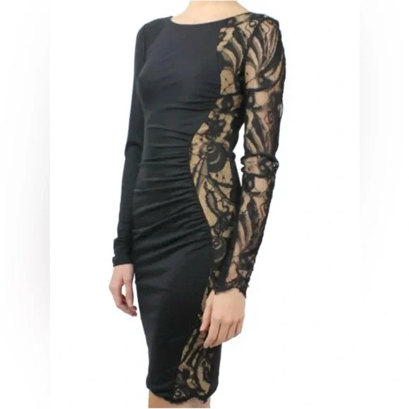 knee length dresses for ladies Emilio Pucci - Long Sleeve Black Lace Dress with Gold Beaded Belt